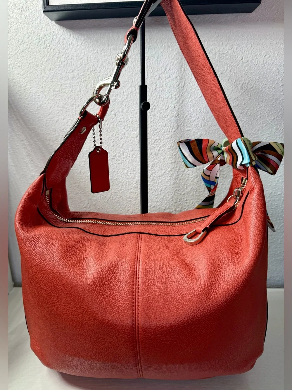 Coach Avery Pebble Leather Hobo Purse Handbag Sienna/Orange Coral
